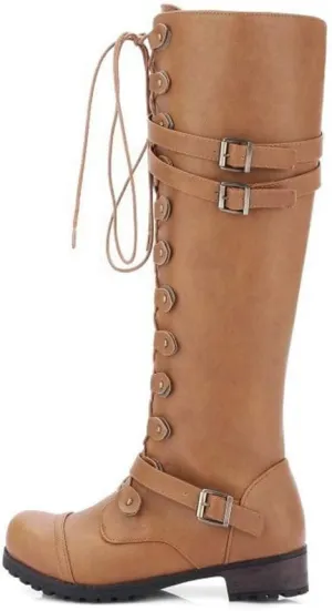 ZDLJYL Women Knee High Boots Autumn & Winter Fashion Lace Up with Buckle Mid-Calf Knight Boot Vintage Round Toe Side Zipper Boots