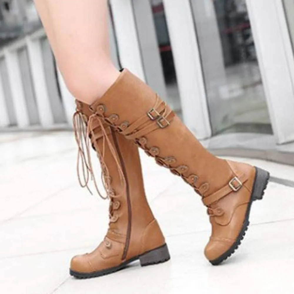 ZDLJYL Women Knee High Boots Autumn & Winter Fashion Lace Up with Buckle Mid-Calf Knight Boot Vintage Round Toe Side Zipper Boots