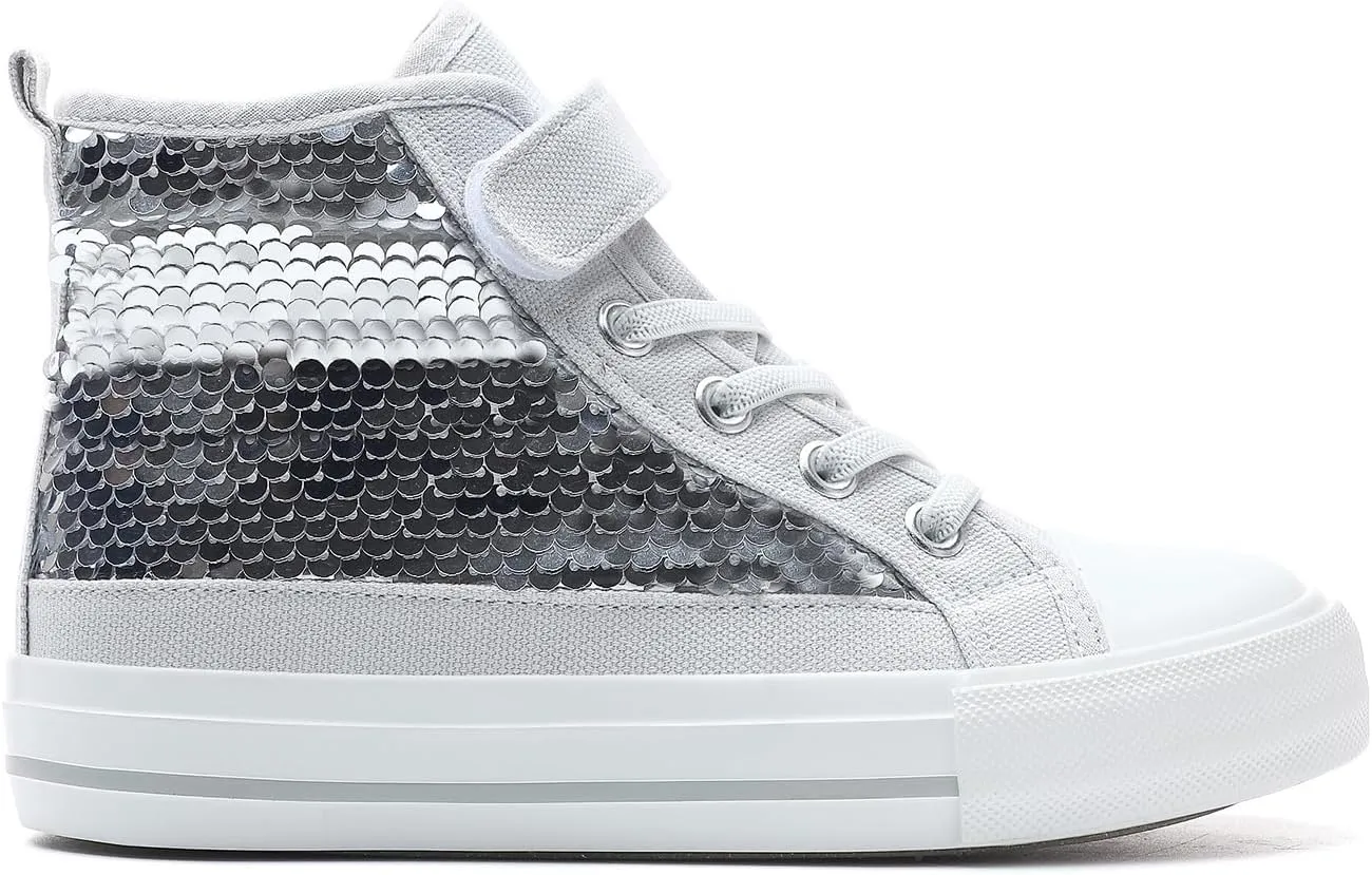 Zoroadke Kids Sparkle Sequins High Top Casual Adjustable Strap Canvas Shoes Girls and Boys Glitter Sneakers