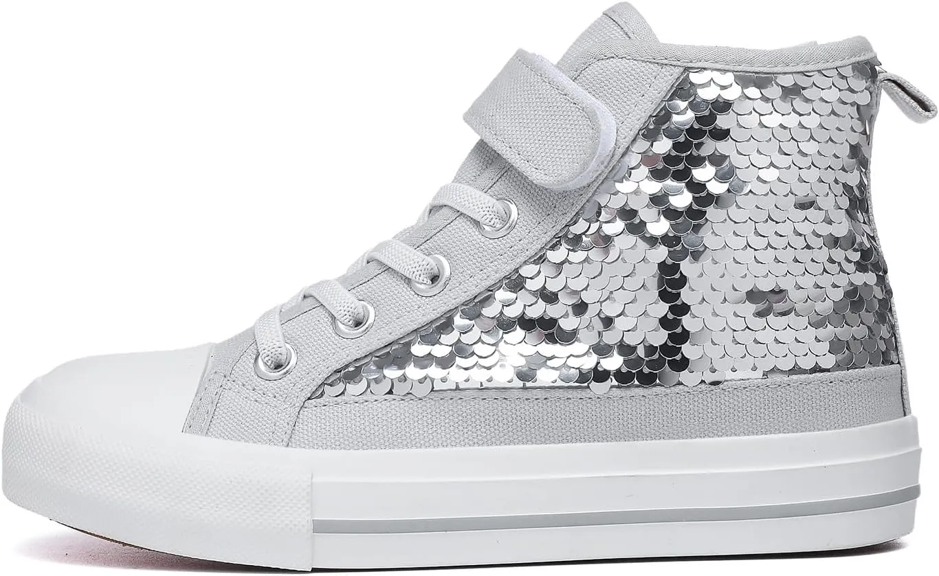 Zoroadke Kids Sparkle Sequins High Top Casual Adjustable Strap Canvas Shoes Girls and Boys Glitter Sneakers
