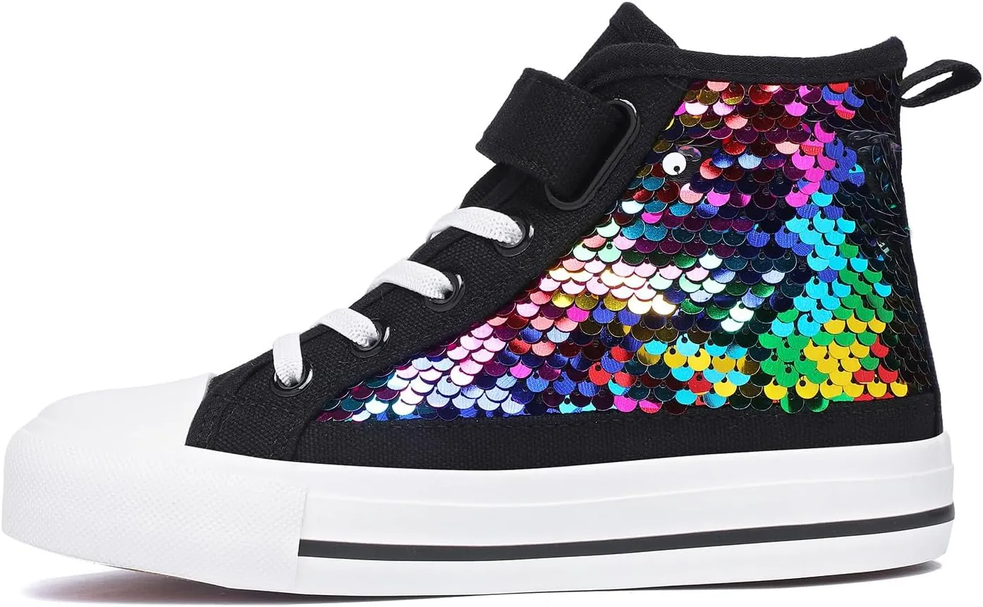 Zoroadke Kids Sparkle Sequins High Top Casual Adjustable Strap Canvas Shoes Girls and Boys Glitter Sneakers