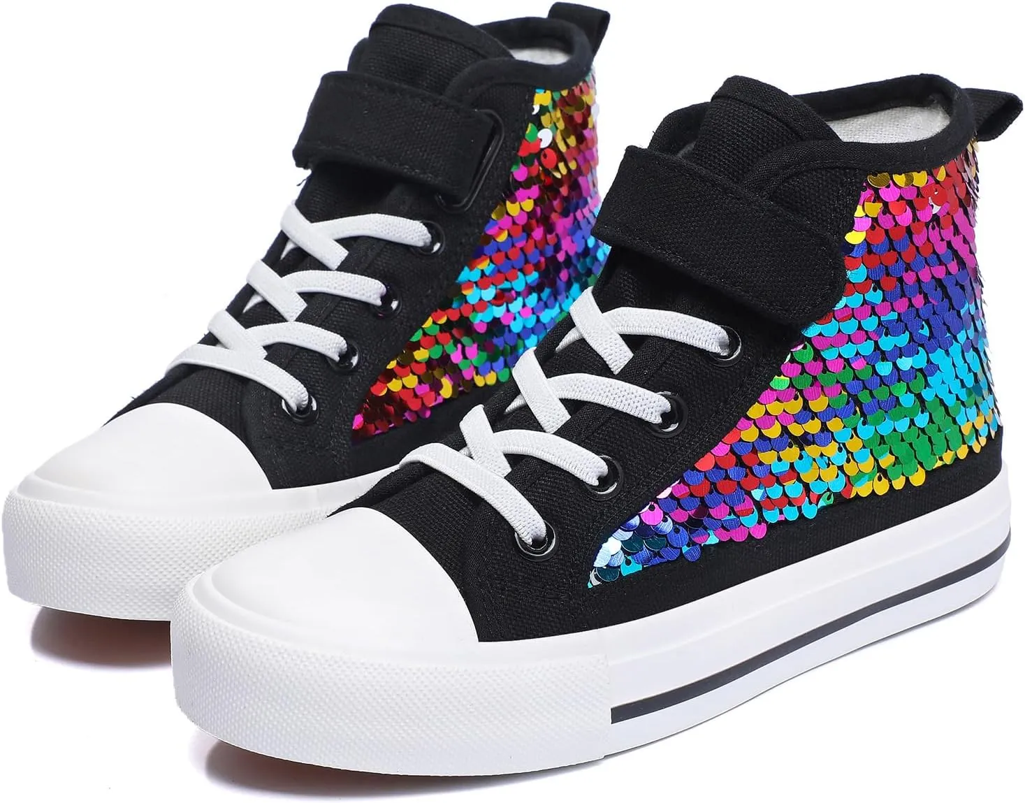Zoroadke Kids Sparkle Sequins High Top Casual Adjustable Strap Canvas Shoes Girls and Boys Glitter Sneakers