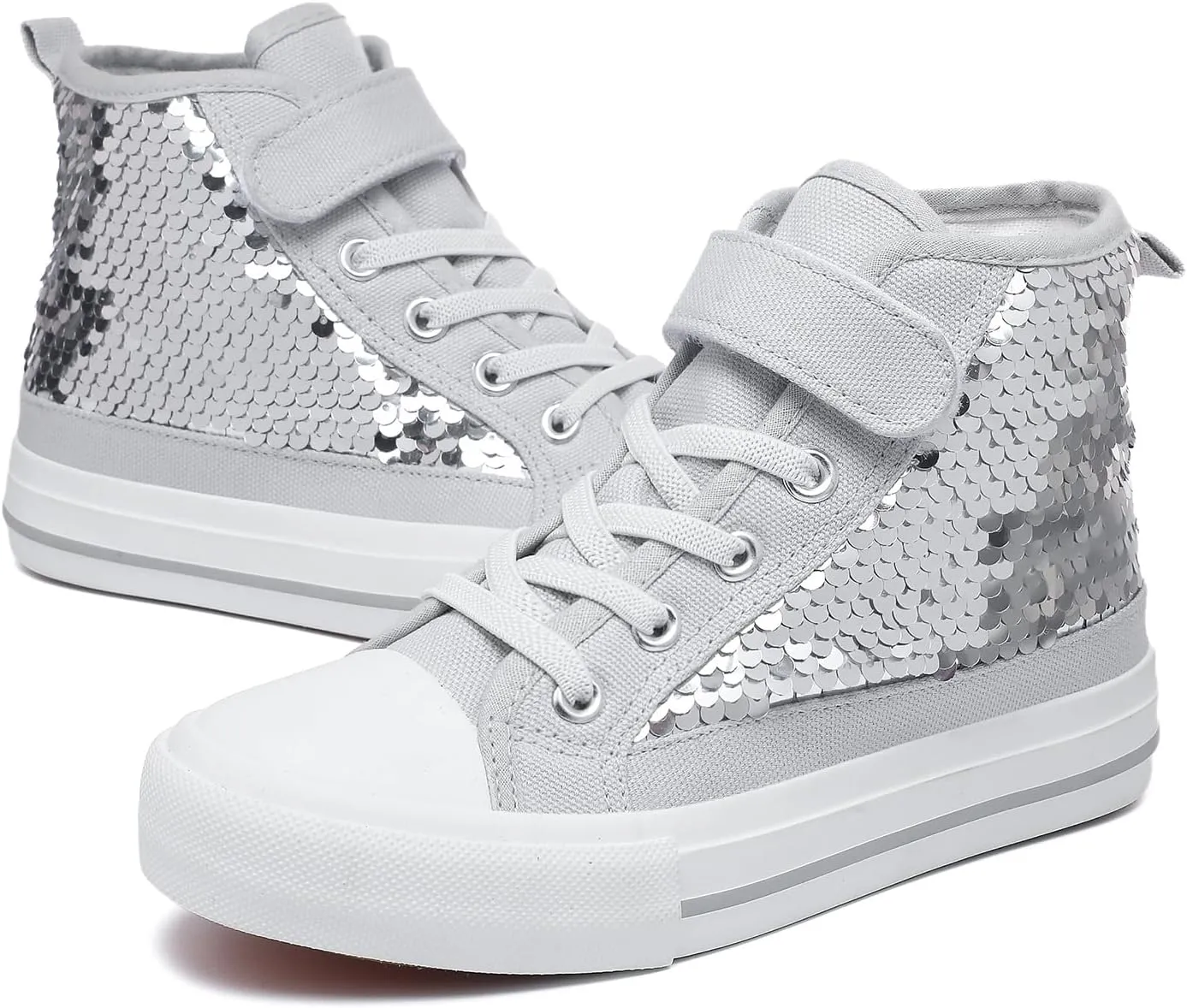 Zoroadke Kids Sparkle Sequins High Top Casual Adjustable Strap Canvas Shoes Girls and Boys Glitter Sneakers