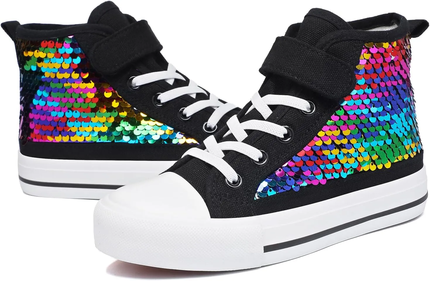 Zoroadke Kids Sparkle Sequins High Top Casual Adjustable Strap Canvas Shoes Girls and Boys Glitter Sneakers